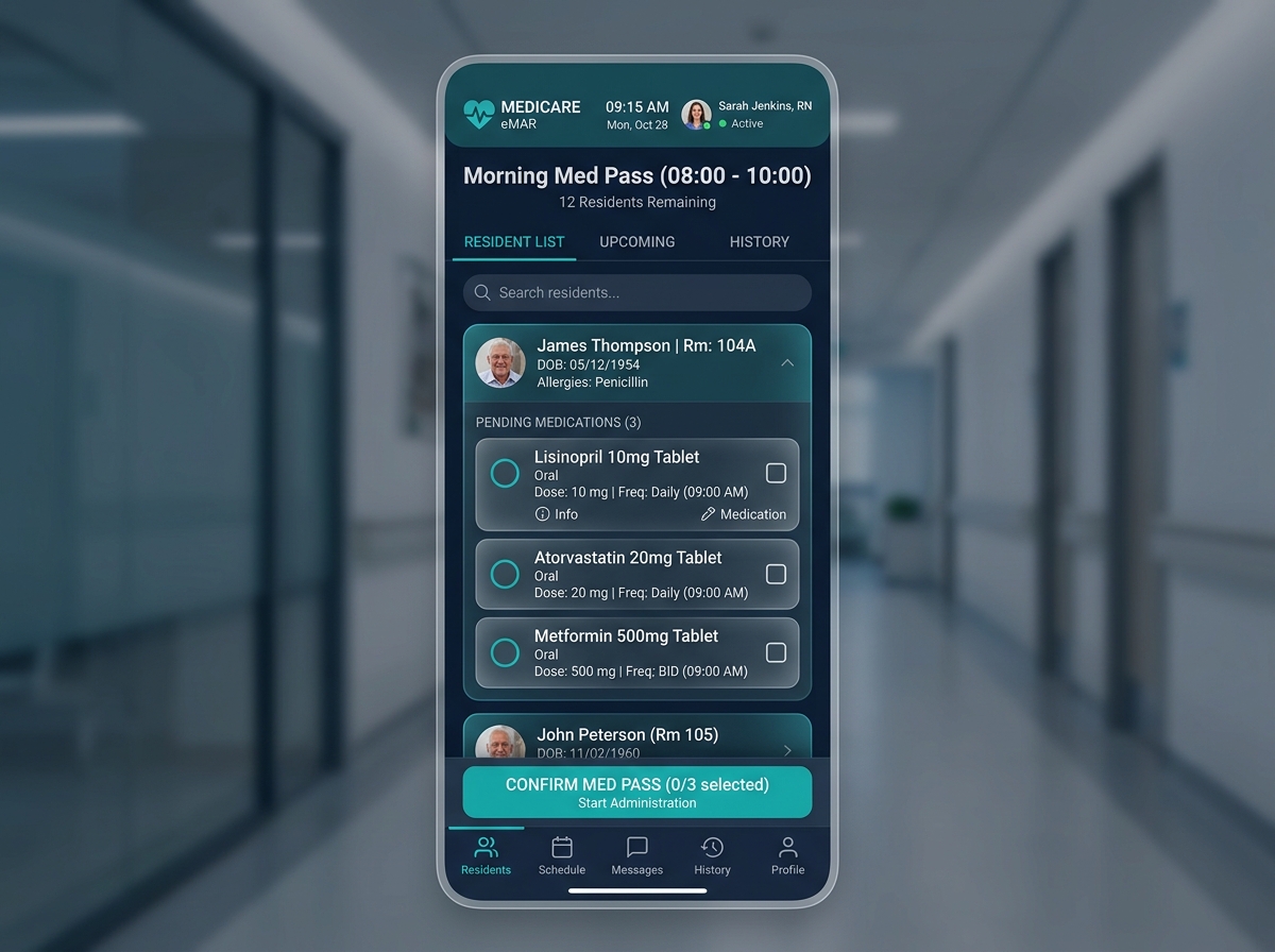 Easy Care Lite eMAR med pass interface on a mobile device showing resident medications and guided administration workflow