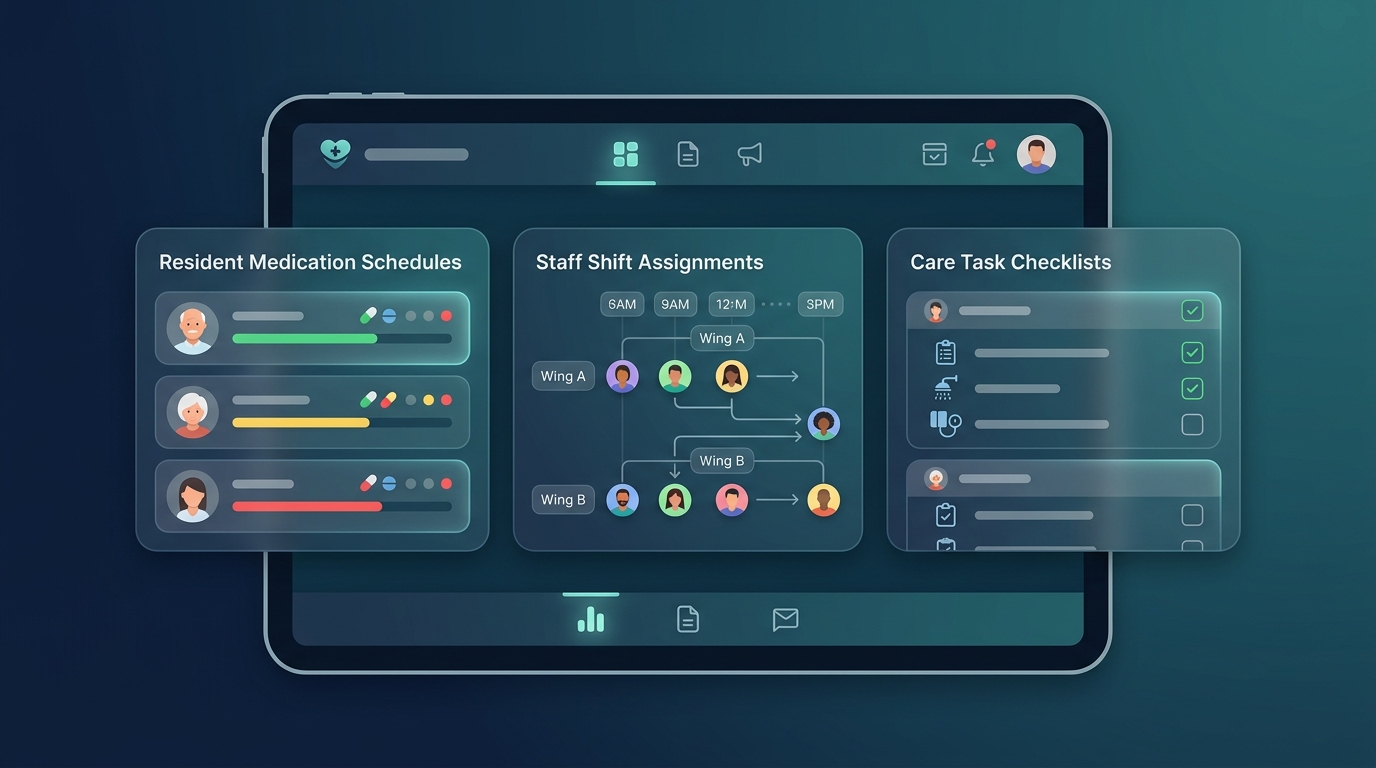 Easy Care Lite dashboard showing resident medication schedules, staff shifts, and care task checklists